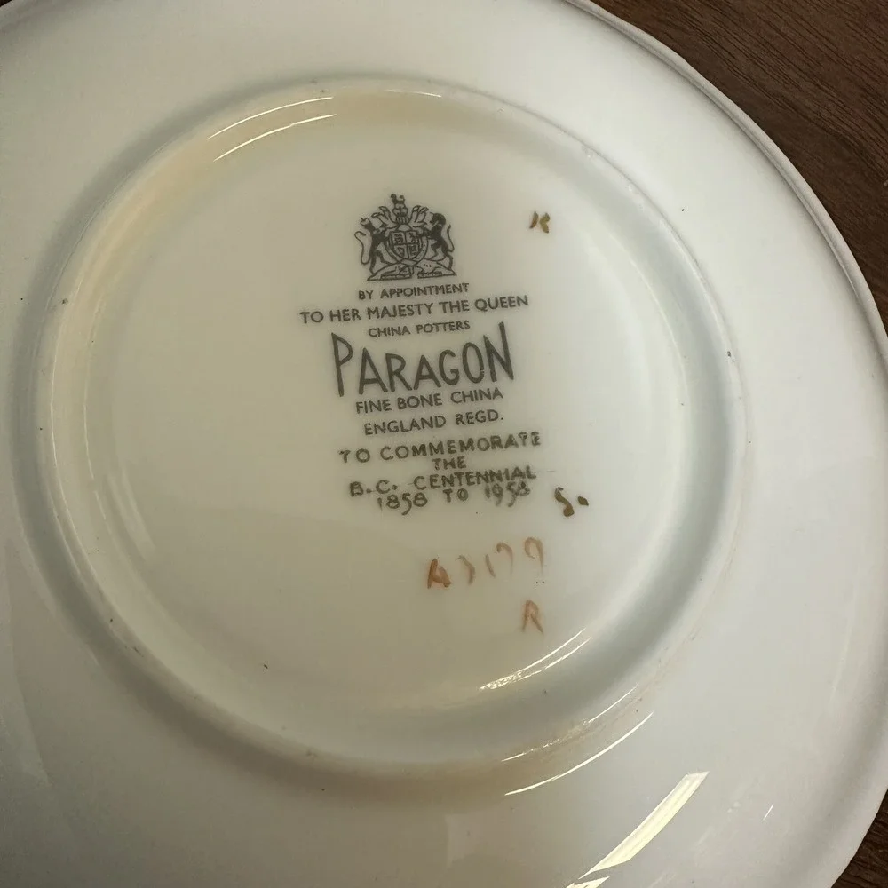 Paragon Teacup and Saucer Set Gold Blue Flower Dogwood 1958 Centennial